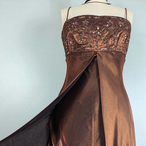 Vintage Morgan Co Prom Dress Maxi Gown Fairy 90s Y2K Split Empire Slip Brown M - Picture 5 of 10